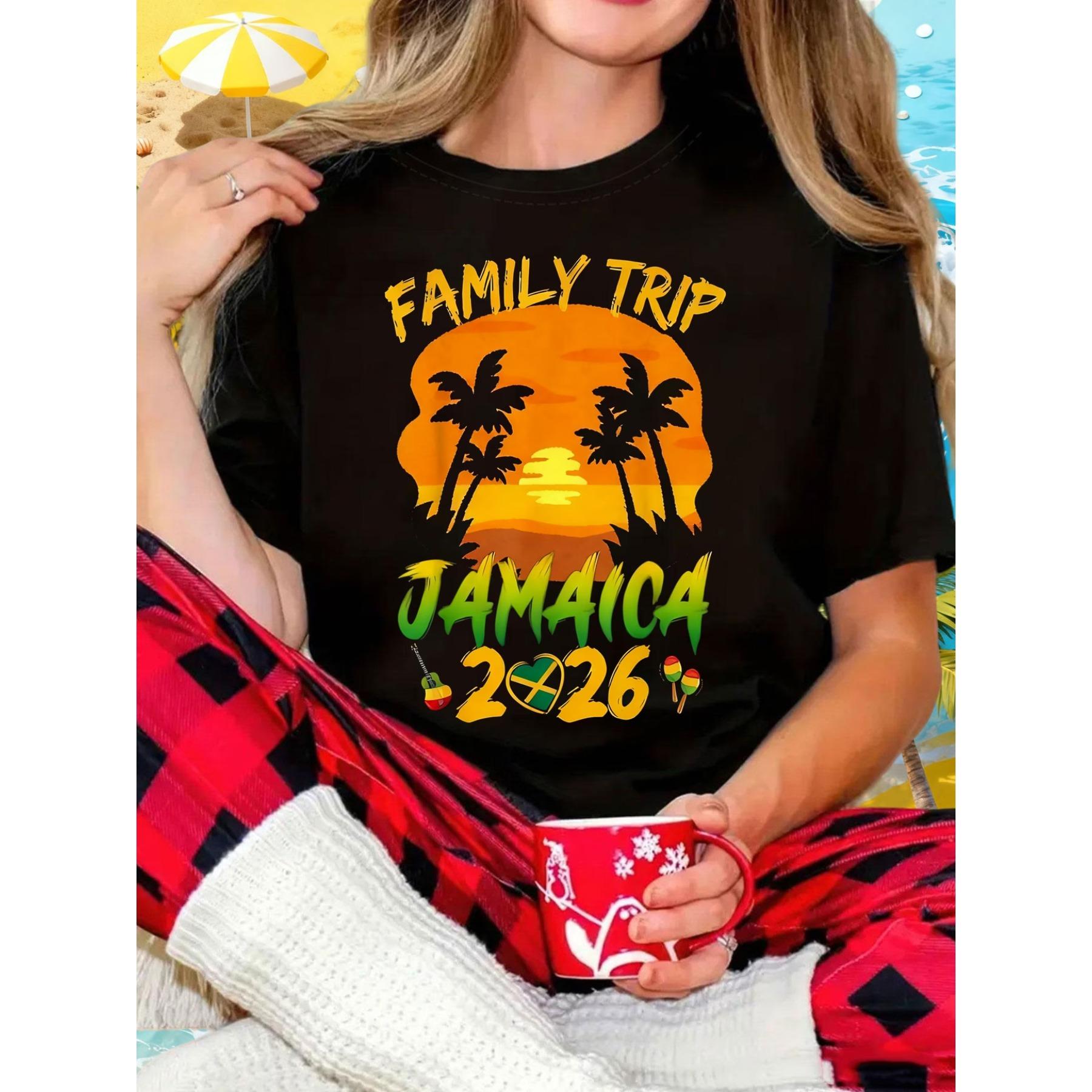 Women S Jamaica 2026 Family Trip T-Shirt - Short Sleeve Crew Neck Casual Top with Jamaican Lettering & Vacation Design S