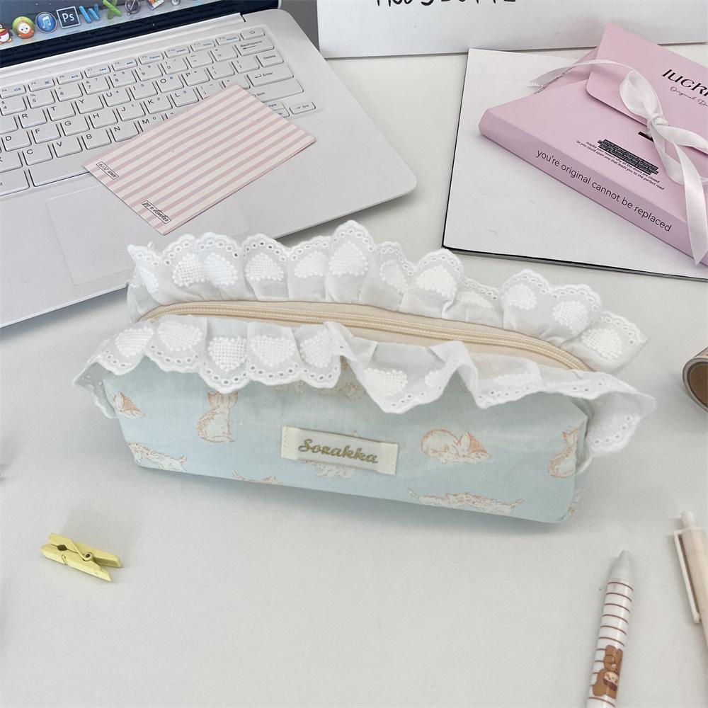 

Sweet Lace Ladies Clutch Cosmetic Bags Cute Cat Prints Women s Portable Storage Bags Candy Color Large Capacity Girl Pencil Case зелений
