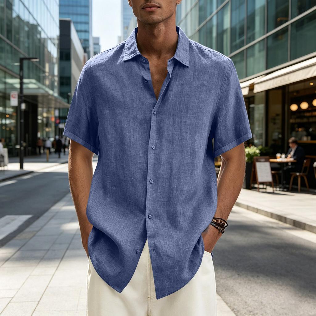 Men's Short Sleeve Button Down Shirt Lightweight Linen Blend Casual Loose Fit Summer Top with V Neck Collar