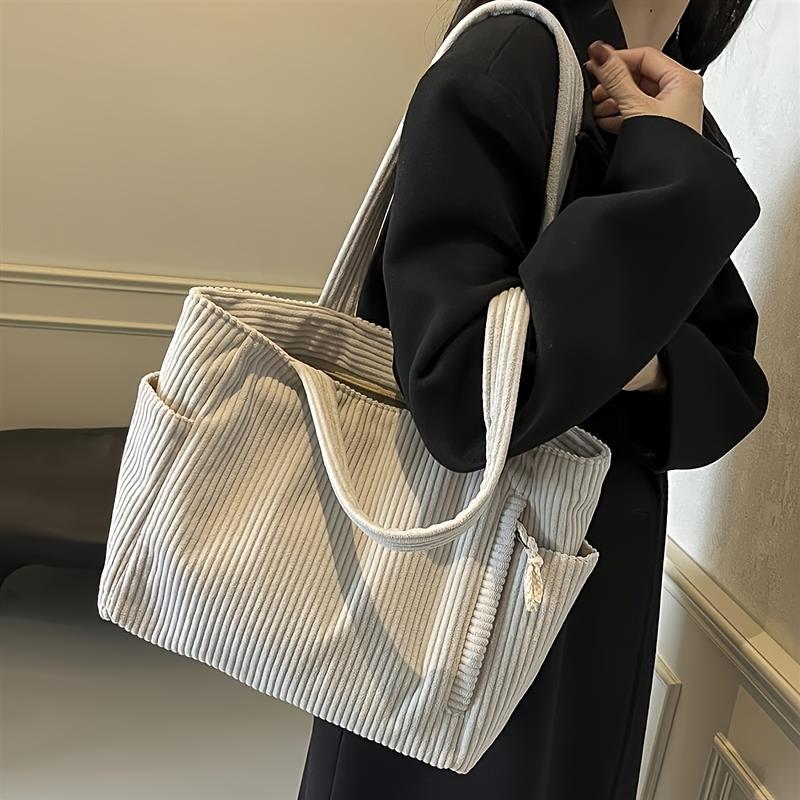 Women'S Large Capacity Corduroy Tote Bag with Multiple Compartments and Side Pockets, Zipper Closure, Fixed Shoulder Straps Casual Travel & Work Bag