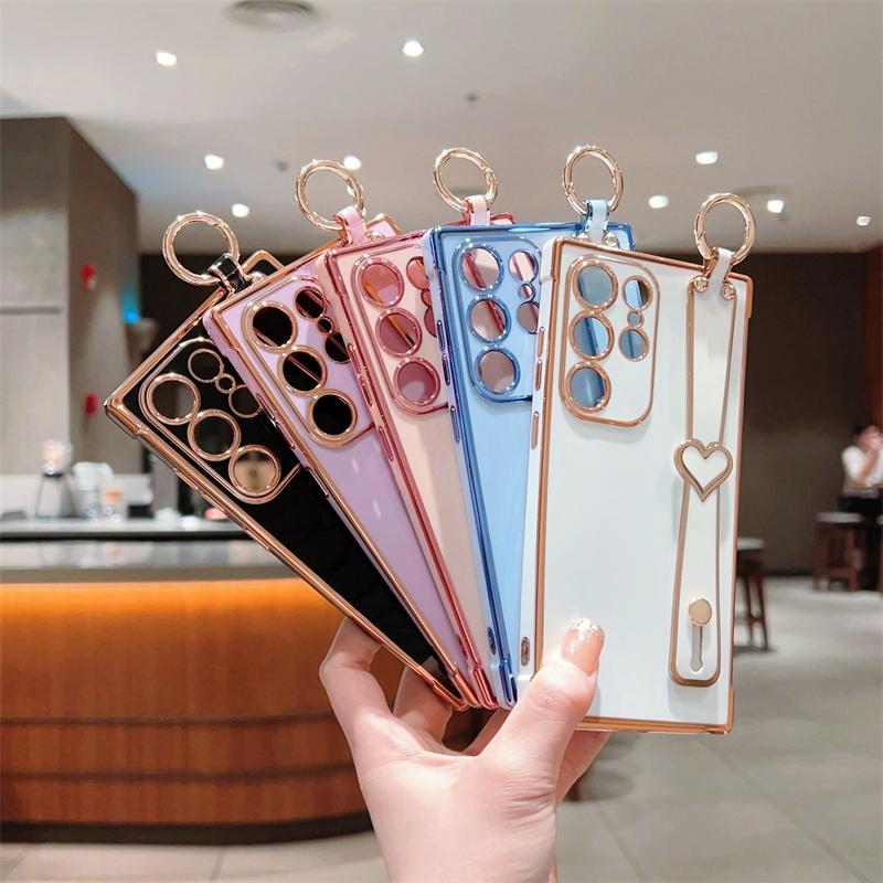 Electroplated TPU Wrist Strap Holder Back Case For Samsung Galaxy S25 S24 S23 S22 S21 Ultra + S20 FE Lens Protection Cover