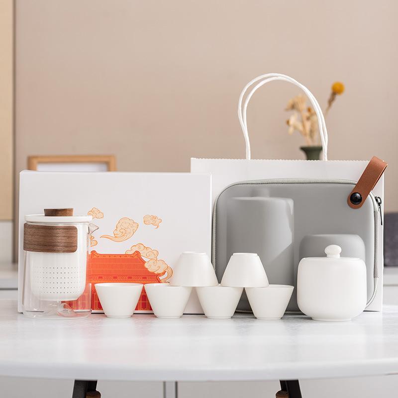 Yuanshan suet jade porcelain travel tea set outdoor set high-end celebration commemorative business souvenir gift box gift bag