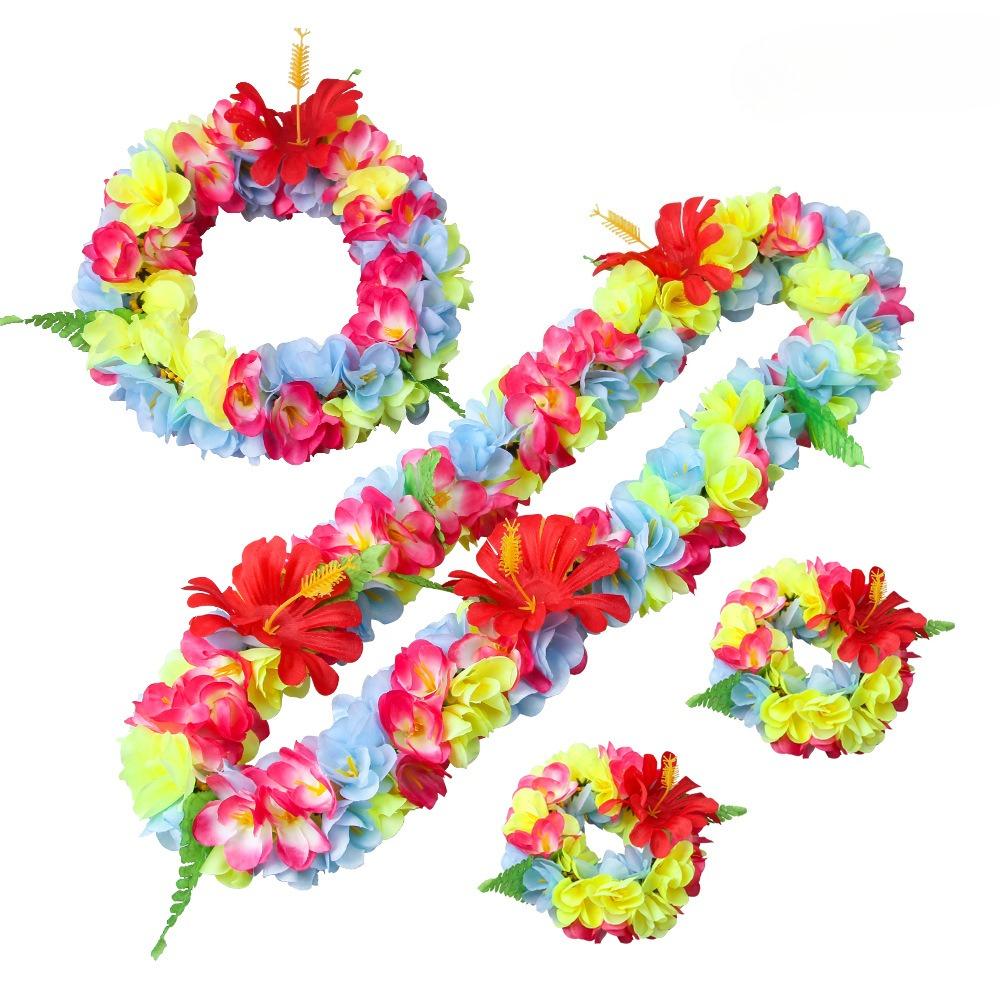 Beach Party Floral Necklace Set 4PCS Artificial Flower Lei for Adults Kids Photo Prop