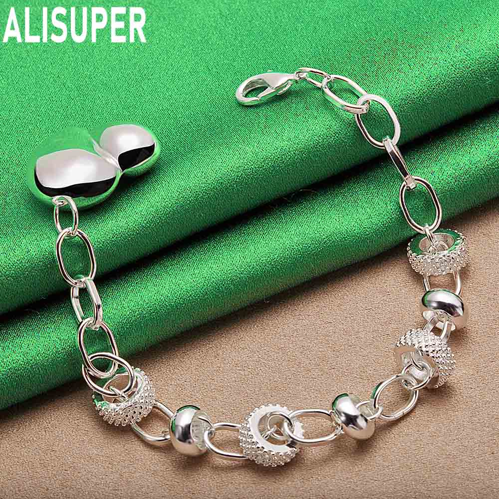 925 Sterling Silver Romantic Heart Side Chain Beautiful Bracelet Gift Jewelry