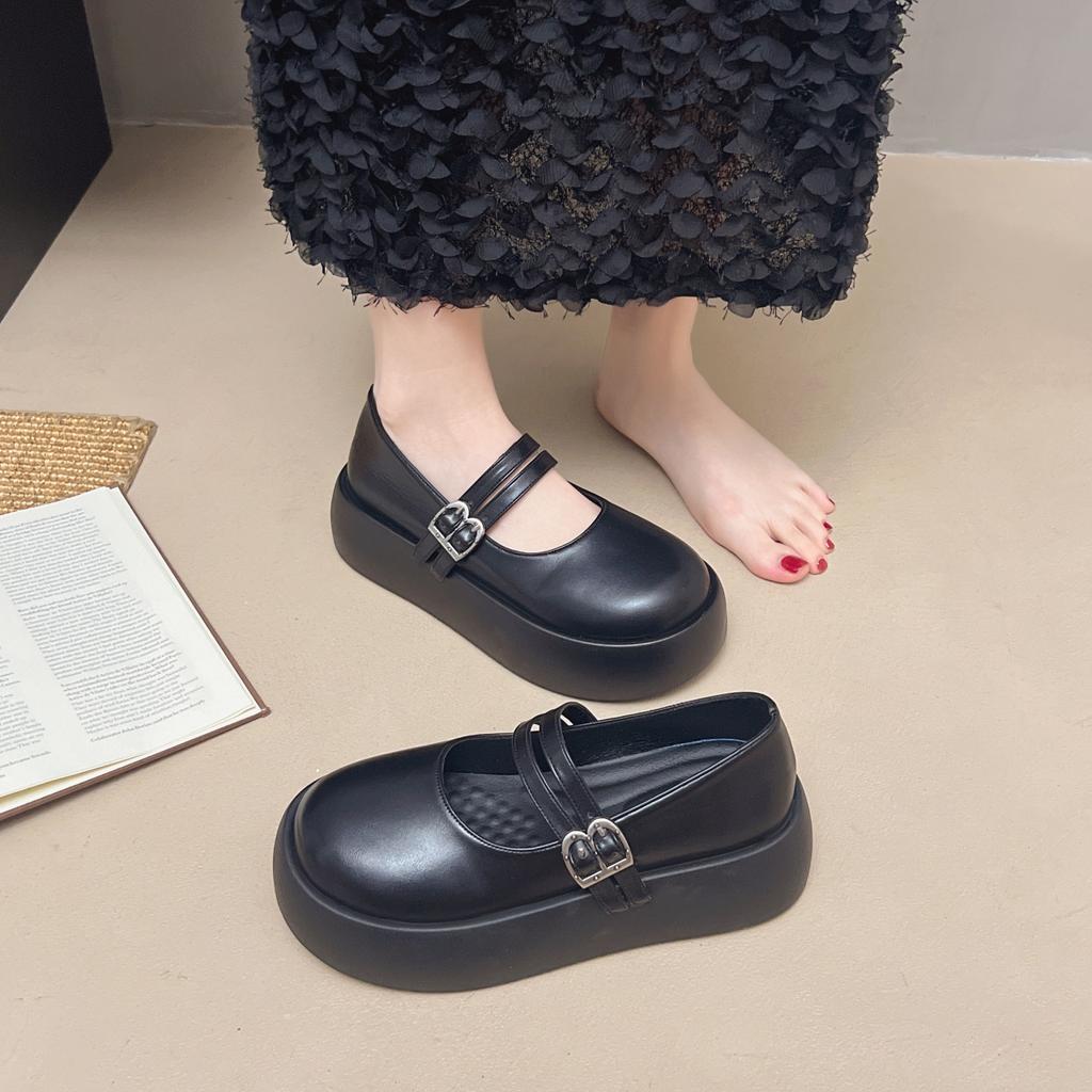 French Muffin Platform Small Leather Shoes Women's 2025 Summer and Autumn New Round Head Height Increase Versatile with Skirt Mary Jane Single Shoes