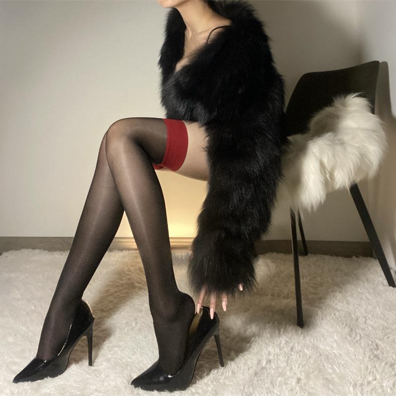 Sexy Red Knee Socks Women's Red Edge Black Silk Long Thigh Socks Babes Ultra-thin Screw Stockings HB