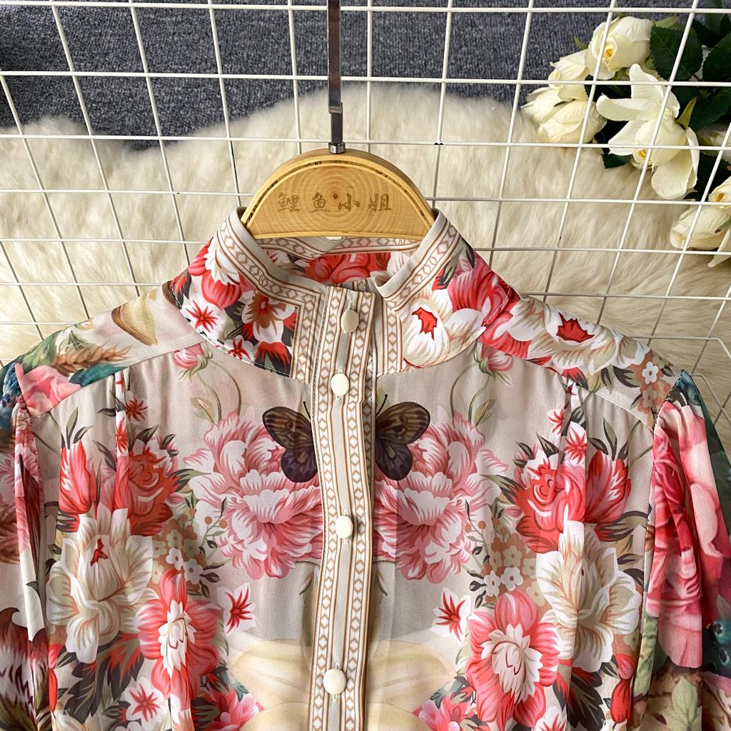 French Vintage Print One Piece Dress Women Lantern Sleeve Single Breasted Ladies Dresses Princess Lace Up Design Clothes