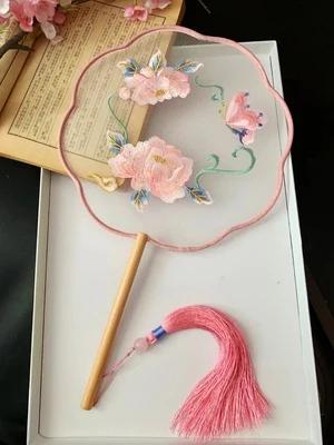 Chinese Traditional Art Embroidery Wooden Hand Fan, Classical, Ancient Dance Costume, Han Fu Cheongsam with Long Handle, Tasse