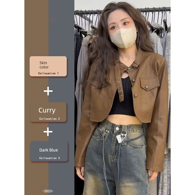 

Классического стиля укороченное кожаное пальто женское 2024 осень и зима новое поступление Maillard Wear больших размеров темпераментная нарядная куртка Curry S [Suggested 40.00 kg-47.50 kg]]