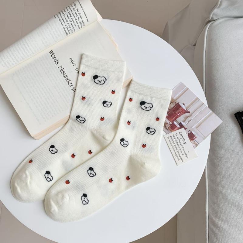 Female Spring and Autumn New Cute Dog Cartoon Student White Tube Cotton Socks
