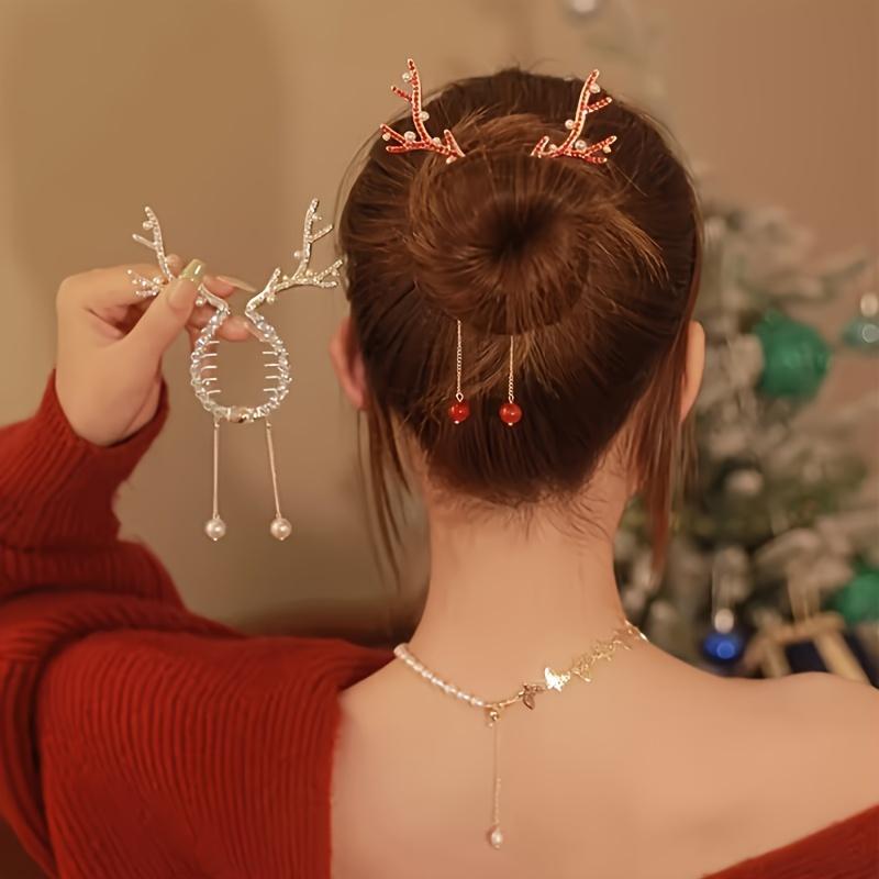 Reindeer Horn Hairpin with Rhinestone Red Berry Detail Festive Elegant for Women Teens Christmas Party Headwear