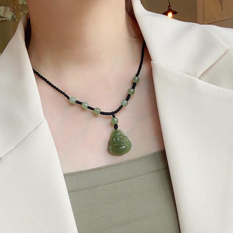 Natural Hetian Jade Buddha Pendant, Maitreya Buddha Handmade Woven Jade Necklace, Women's Jade Pendant, Birthday Gift