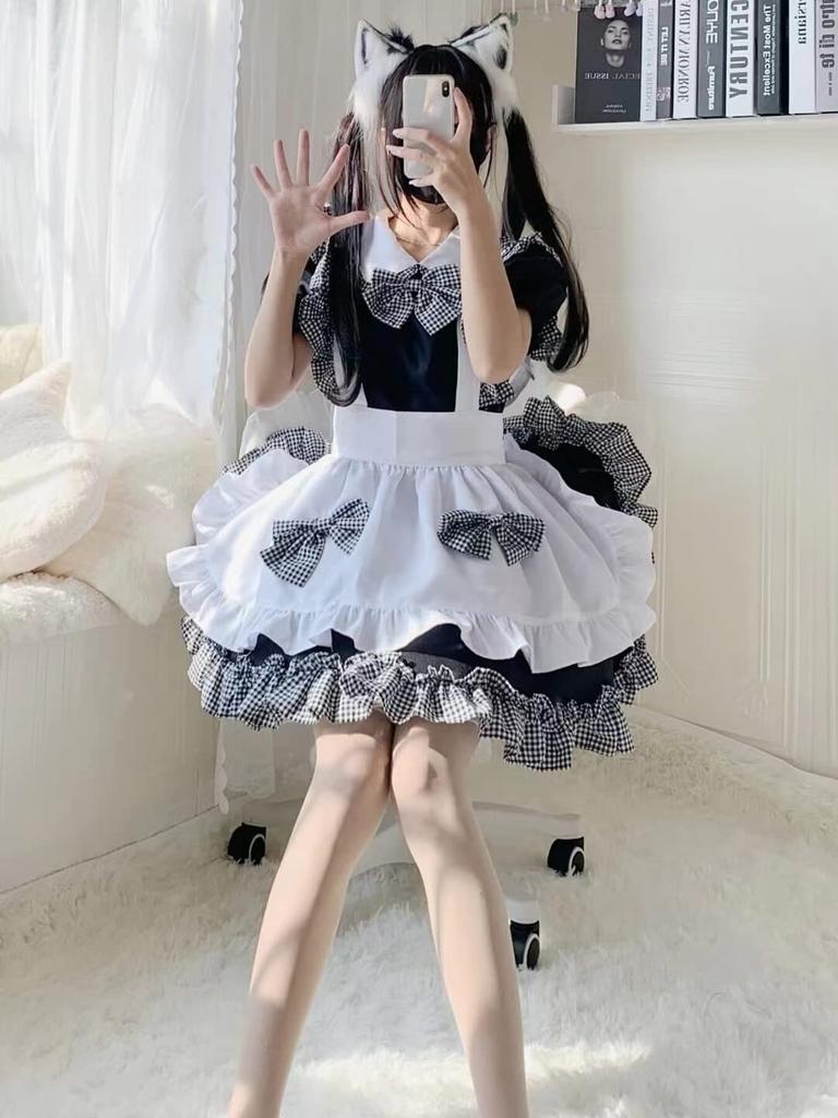 Maid Gothic Lolita Check Plus 2XL [FULINE] Costume, Cosplay, Cross-Dressing, Cute, Dress, Black, Size,