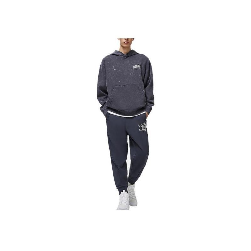 Li Ning Wade Series Letter Print Hooded Fleece Loose Pullover Long Sleeve Sweatshirt Men Sweatshirt Cold-Sand-Black AWDU015-5