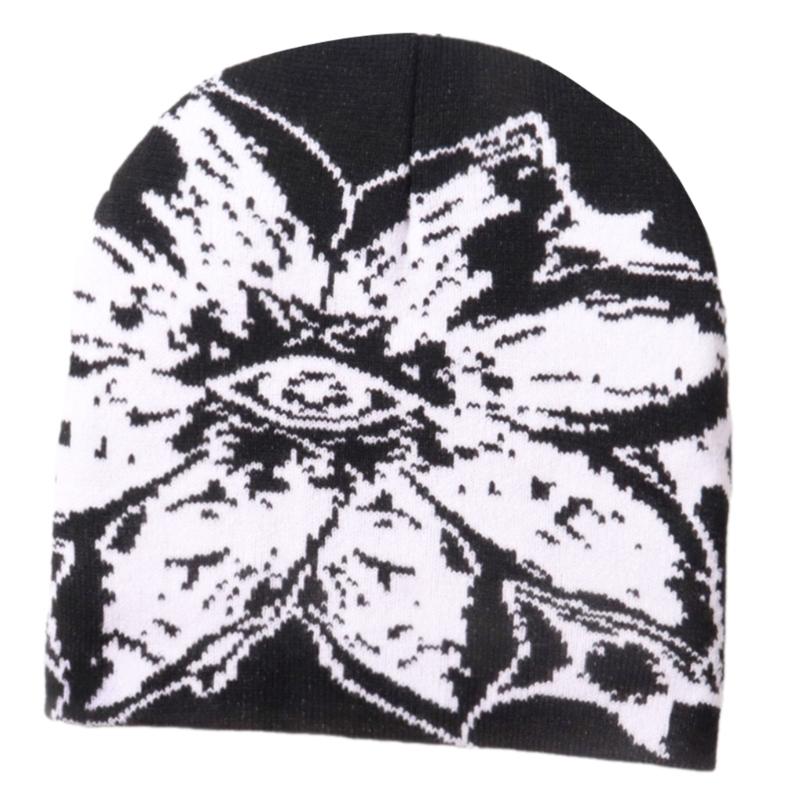 Unisex Jacquard Eye Flower Pattern Knitted Beanies Hat Fashionable Winter Warm Hiphop Bonnet Skull Hat for Men and Women