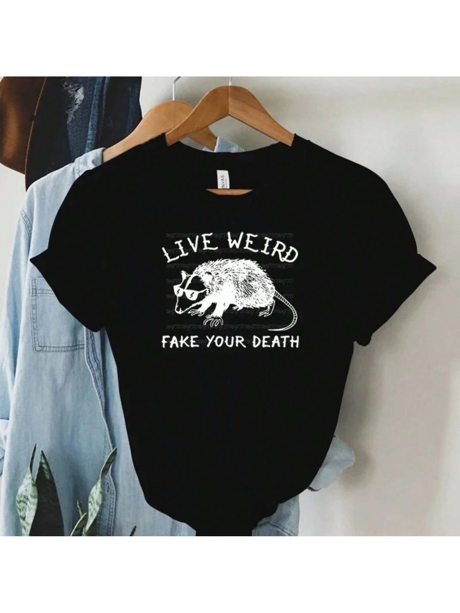 Opossum Live Weird Fake Your Death Graphic Tee Wounisex Funny Animal T-Shirts Possum Eat Trash Print Tops Short Sleeve 1232 S разноцветный