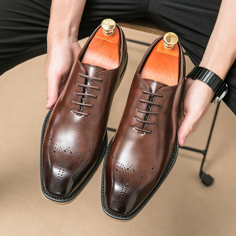 Fashion New Brown Brogue Shoes for Men Lace-up Solid Square Toe Business Black Men Dress Shoes Size 38-44 Mens Shoes
