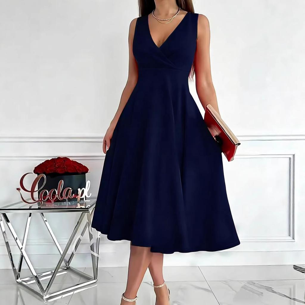 Women's Sleeveless V Neck Wrap Midi Dress Elegant A-Line Solid Color Summer Evening Party Cocktail Gown Wedding Guest Casual Formal Dress
