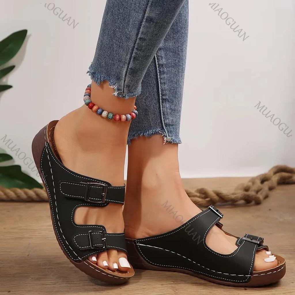 Fashion 2025 Summer Women Wedge Slippes Open Toe Sandals Slides Vintage Buckle Leather Casual Female Platform Retro Flip Flops Shoes