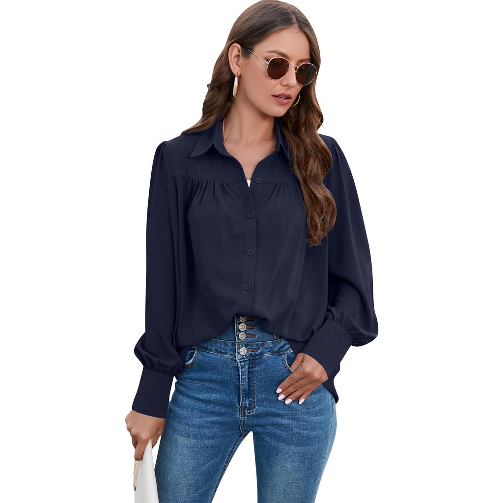 Spring and Autumn Women's Shirt Pleated Long Sleeve Blouse Tops Temperament Elegant Plus Size