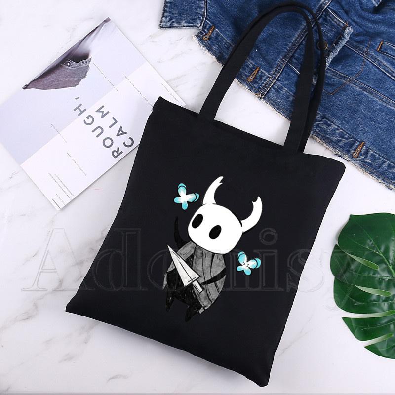 Hollow Knight Harajuku Konst Shopping Svarta Väskor Canvas Tote Bag Tryckt Tecknad Återanvändbar Tygkasse Handväska Axelväskor Anpassad