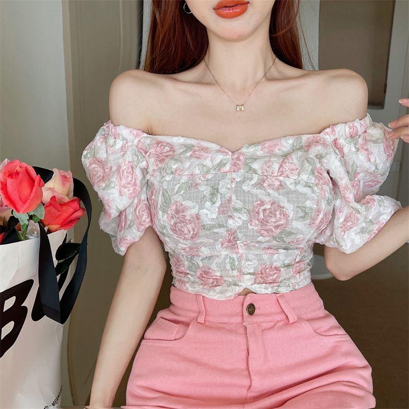 Summer Square Neck Bubble Sleeve Pink Flower Blouse Pullover Short Top Women
