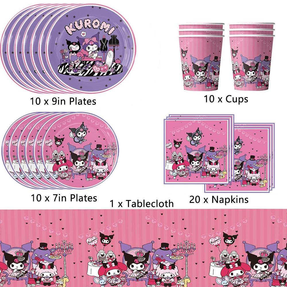 51pcs Kuromi Party Tableware Set includes Banner, Tablecloth, Plates, Napkins