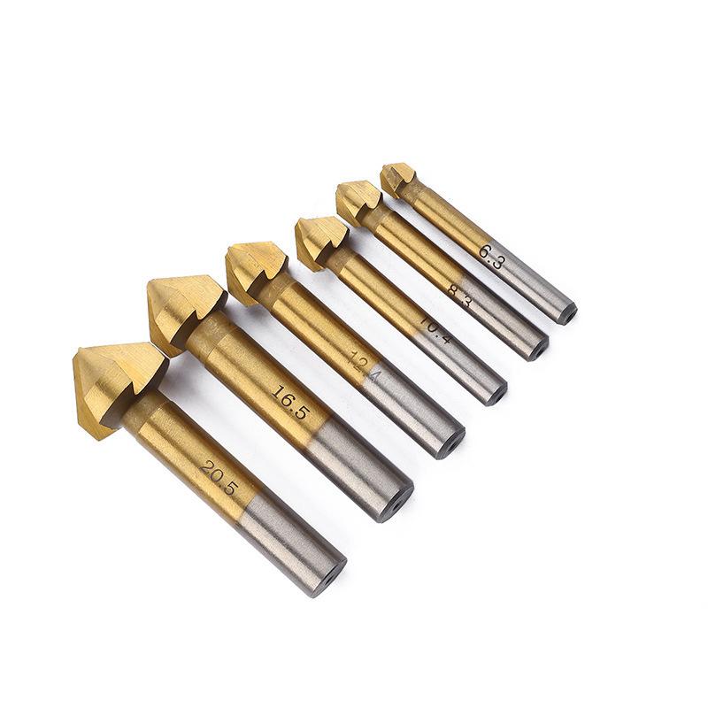 6-Piece Titanium-Plated 90° Countersink Drill Bit Set, Three-Flute, High-Speed Steel 4241