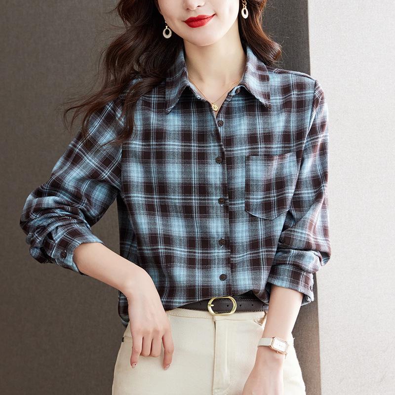 Plaid Shirt Women's Long-sleeved Spring Clothes New Literary and Retro Top Thickened Shirt