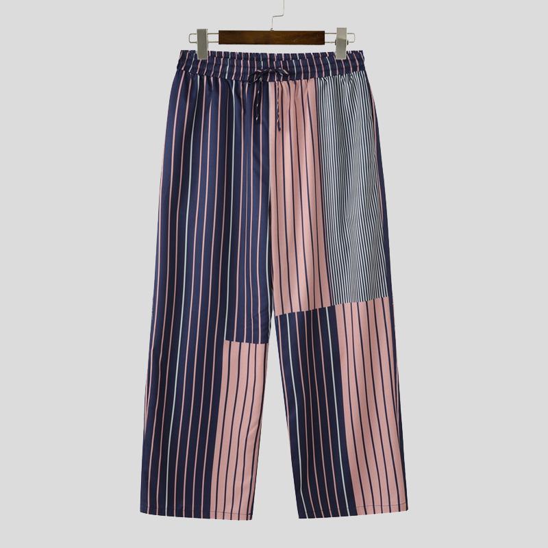 INCERUN Men Casual Elastic Waist Stitching Striped Long Trousers Pants