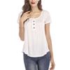 Women Multicolor V Neck Button Decor Short Sleeve Pleated Loose Tunic Blouse
