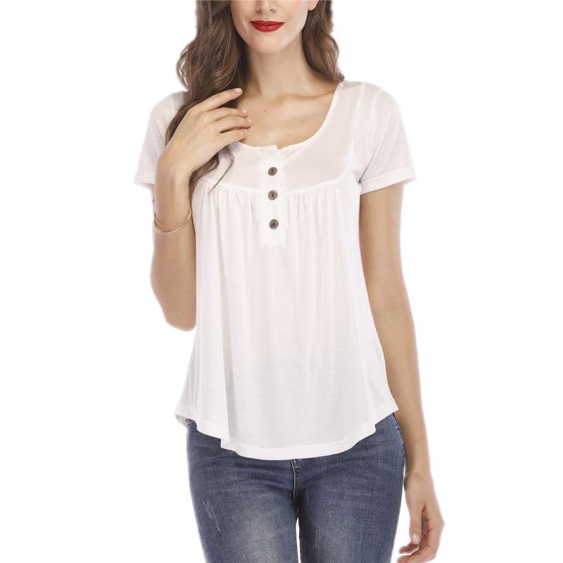 Women Multicolor V Neck Button Decor Short Sleeve Pleated Loose Tunic Blouse