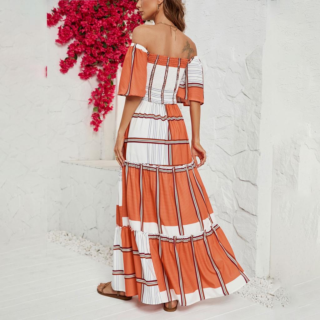 Women's Casual Fashion Solid Colour One Neck Short Sleeve Waist Slim Long Big Swing Dress