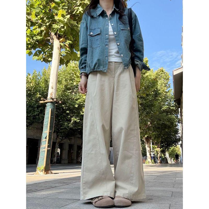 Khaki Wide-Leg Casual Pants for Women, Early Spring New Style, High-Waisted Loose Fit, Slimming for Pear-Shaped Body, Workwear Pants