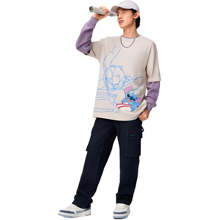 Li Ning X Disney Collaboration Stitch Series Printed Round Neck Pullover Casual Sports Short Sleeve T-Shirt Men T-Shirt Mica-Gray ATSU157-5