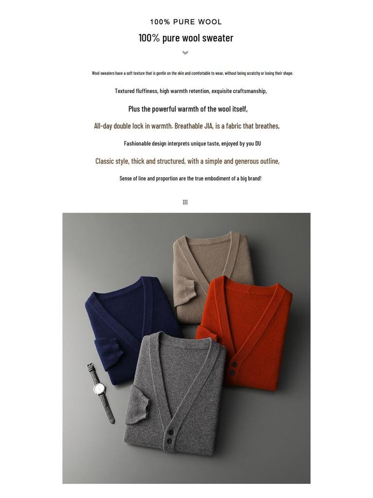 Men's V-Neck Pure Wool Cardigan, Plus Size, Middle-Aged & Elderly, Loose Fit, Solid Color, Casual Knit Outerwear for Autumn & Winter.