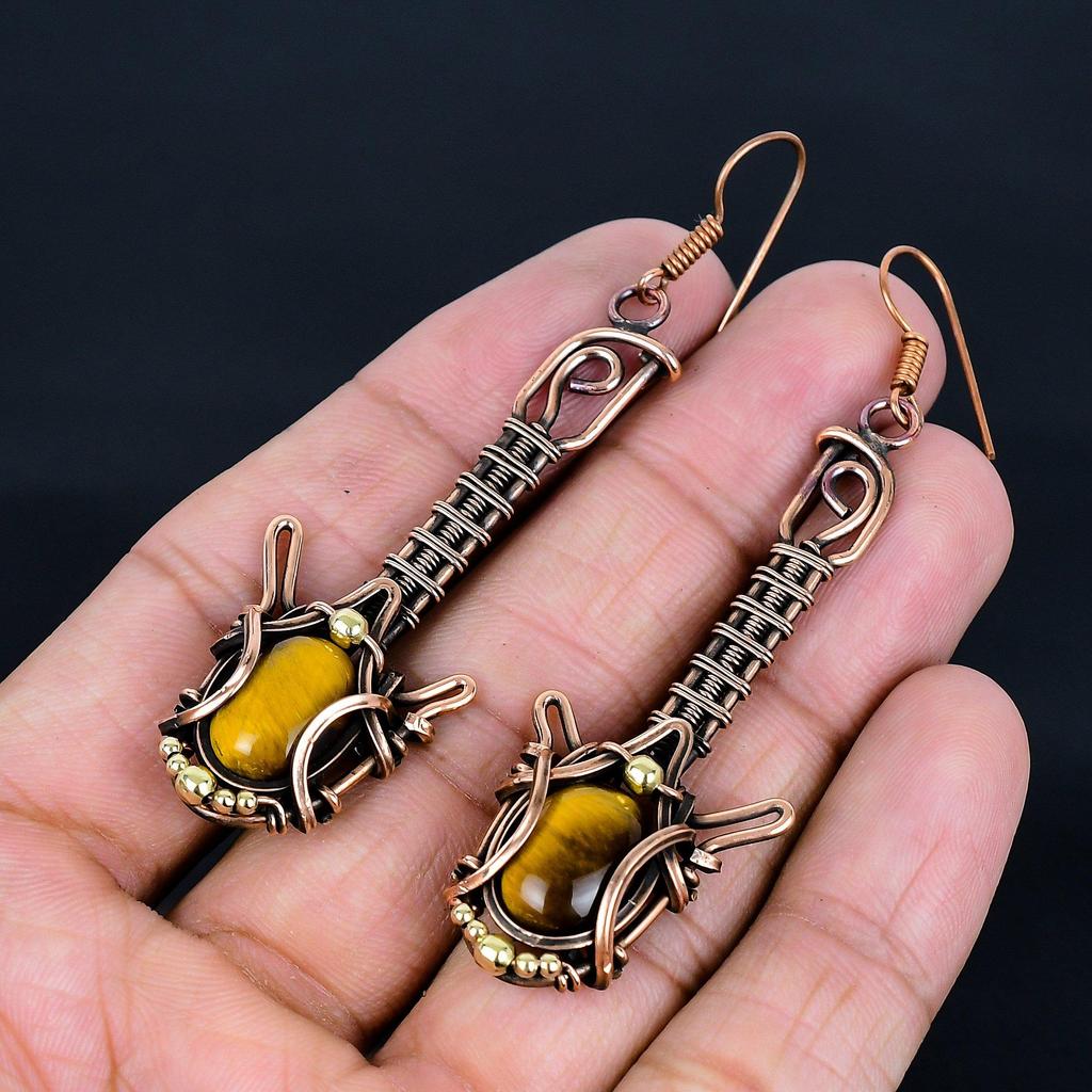 Tiger Eye 999 Copper Wire Wrapped Earrings, Handmade Gemstone Jewelry Earrings For Memorial Day