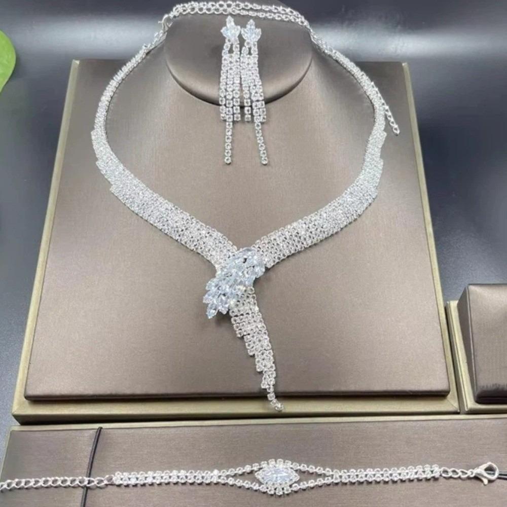

Sparkling Wheat Ear Jewelry Set Elegant Crystal Wedding Ornaments Gift Sliver 3pcs