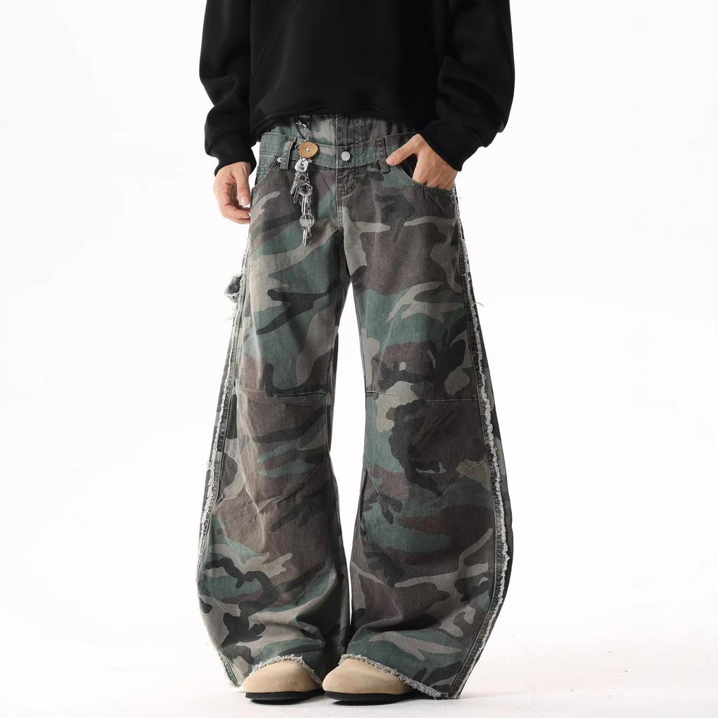 Jeans utility mimetici da strada americani per uomo e donna, vintage vintage con molte tasche, stile gamba larga larga larga lavato loose