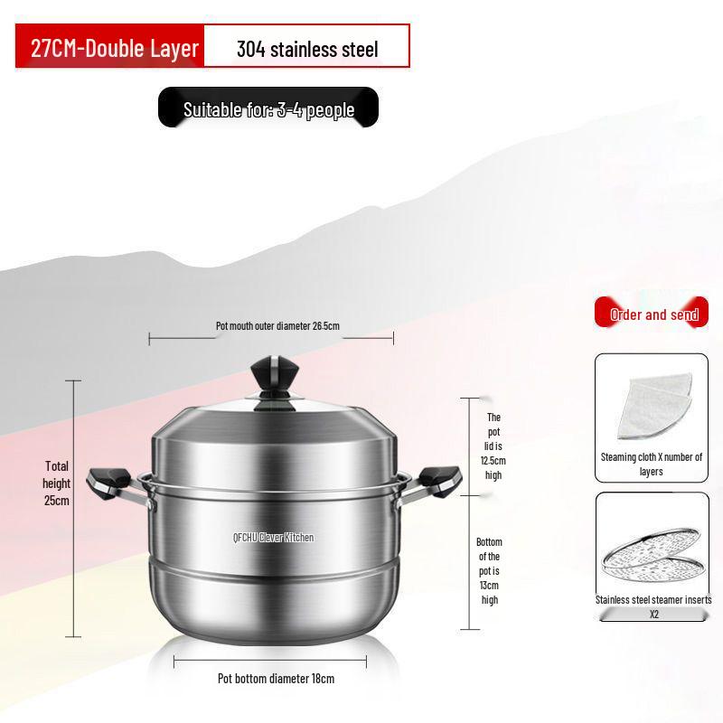 Large 304 Stainless Steel Three-Layer Household Steamer for Induction and Gas Stoves