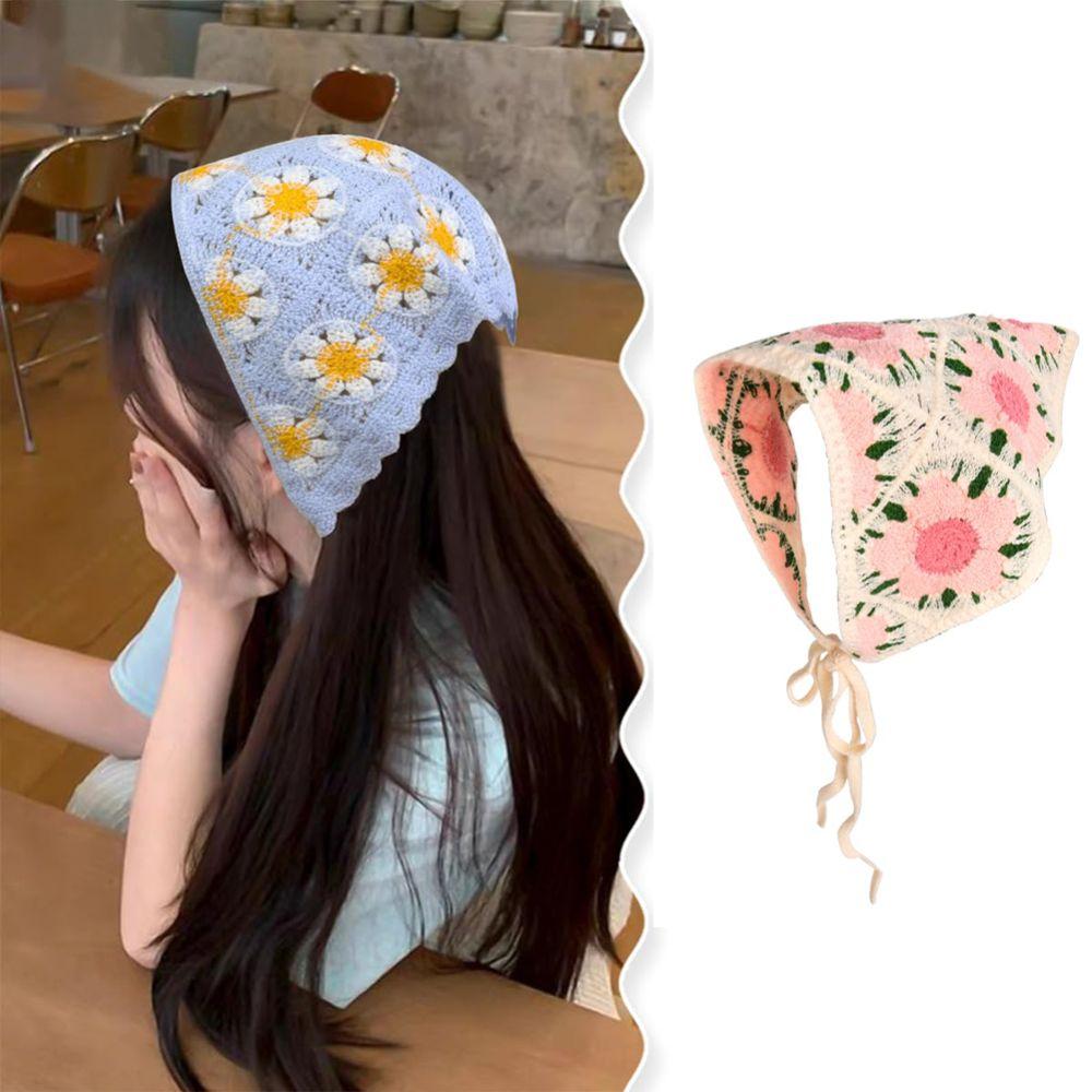 Flower Triangular HairScarf Knitted Small Square Scarf Ins Women's Headscarf  for Autumn