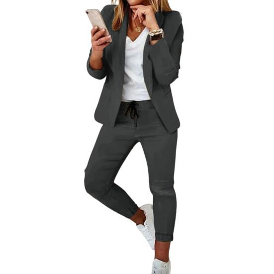 2 ks/sada Dámské kabáty Kalhoty Set Business Set Dlouhé rukávy Jednobarevné Stahovací šňůrka Elastická klopa v pase Slim Fit Kalhoty Blazer Kalhoty Oblek