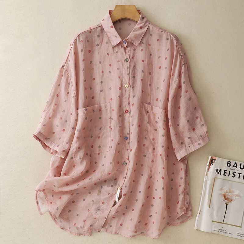 Women s Polka Dot Button Down Shirt Linen Cotton Blend Short Sleeve Blouse with Pockets Casual Summer Tops M розовый