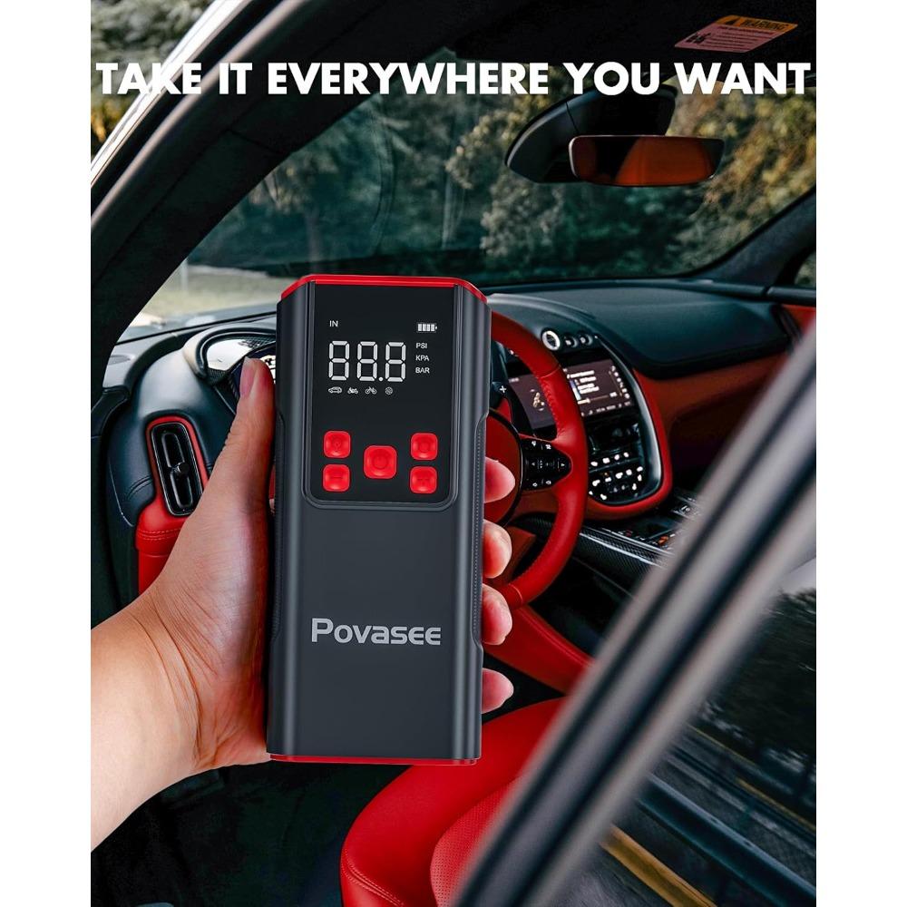 Tire Inflator Portable Air Compressor Povasee 150PSI Portable Air Pump for Tires Cordless Car Tire Inflator with LCD Display
