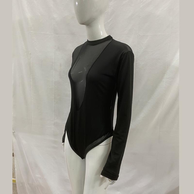 Y2K Spring and Summer Fashionable and Sexy Deep V-Perspective Mesh Splicing Long Sleeve Jumpsuit