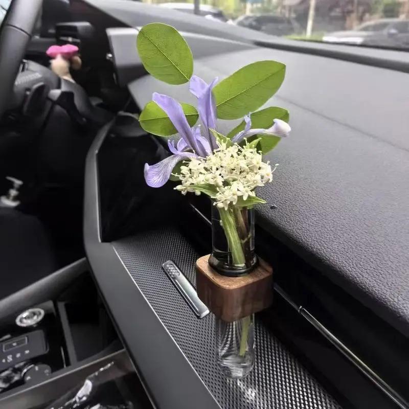 Simple  Wooden  Car Hydroponic Test Tube Flower Arrangement Plant Car Interior Vase Air Conditioning Outlet Decorative Band Clip