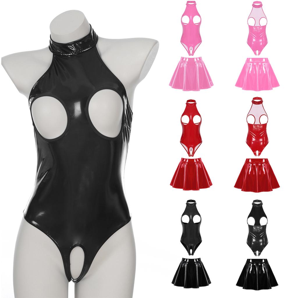 Womens Wet Look Patent Leather Set Halter Open Cup Crotchless Bodysuit with Zipper Flared Skirt for Lingerie Night Club