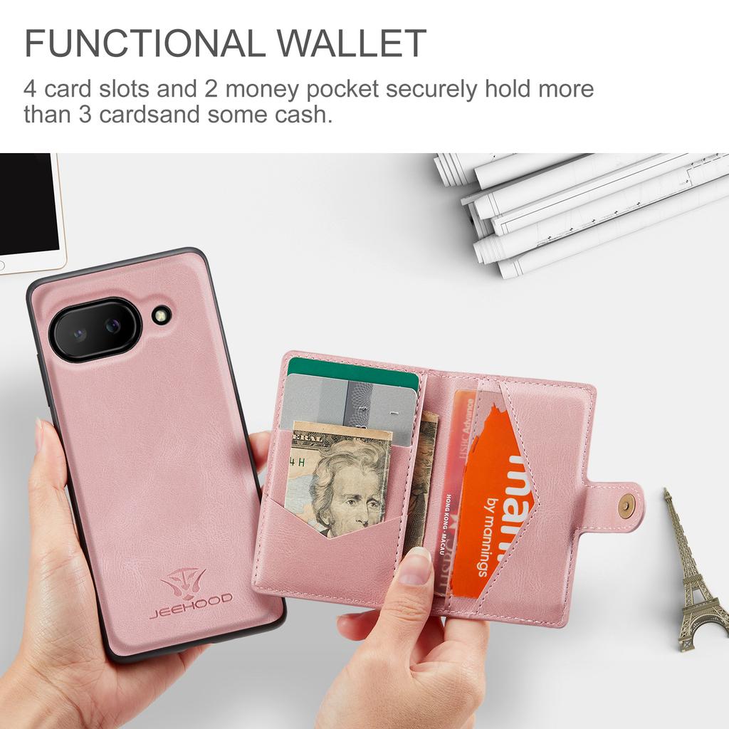 For Google Pixel 9a Case JEEHOOD J01 Retro Leather Phone Back Cover with Detachable Magnetic Card Holder