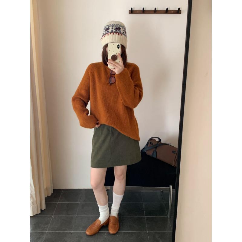 

Свободный повседневный стиль вязаный свитер женский осень и зима новый однотонный круглый вырез с закрученным краем рукава с необработанным краем пуловер average size