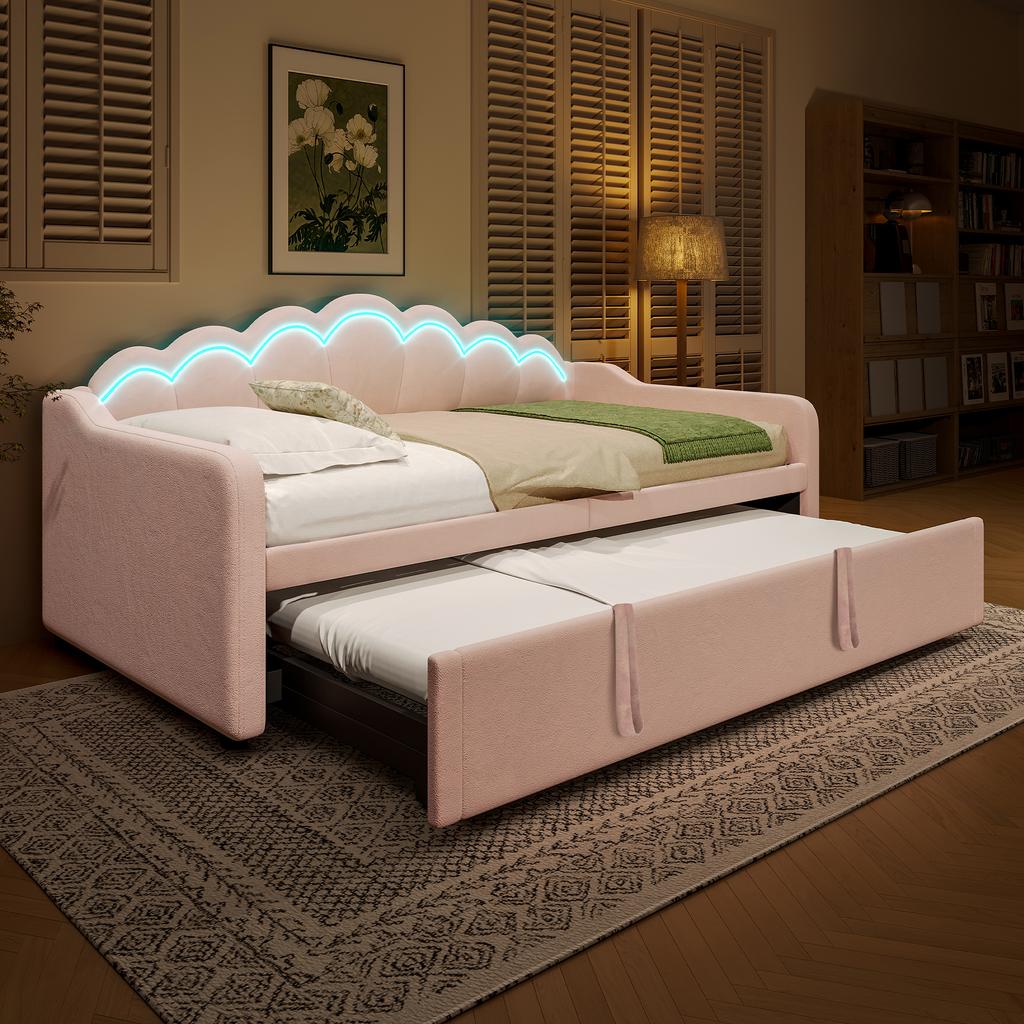 Daybed con Letto Estraibile, Divano Letto, Letto Singolo (Senza materasso), Letto Matrimoniale, Velluto, Striscia LED a Colori Variabili, 90x200cm(180x200 cm), Rosa
